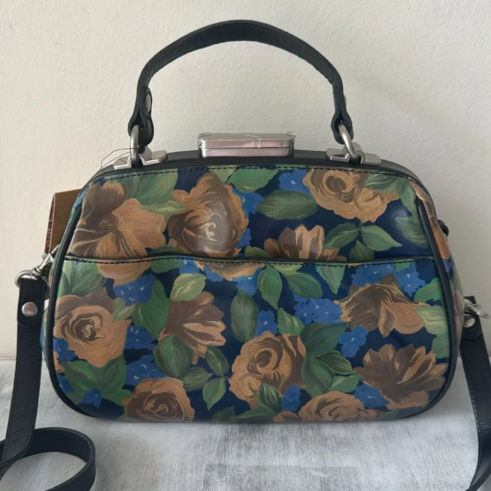 Patricia Nash Gracchi Frame Leather Blue Sky Rose Handbag Xbody Floral Blue